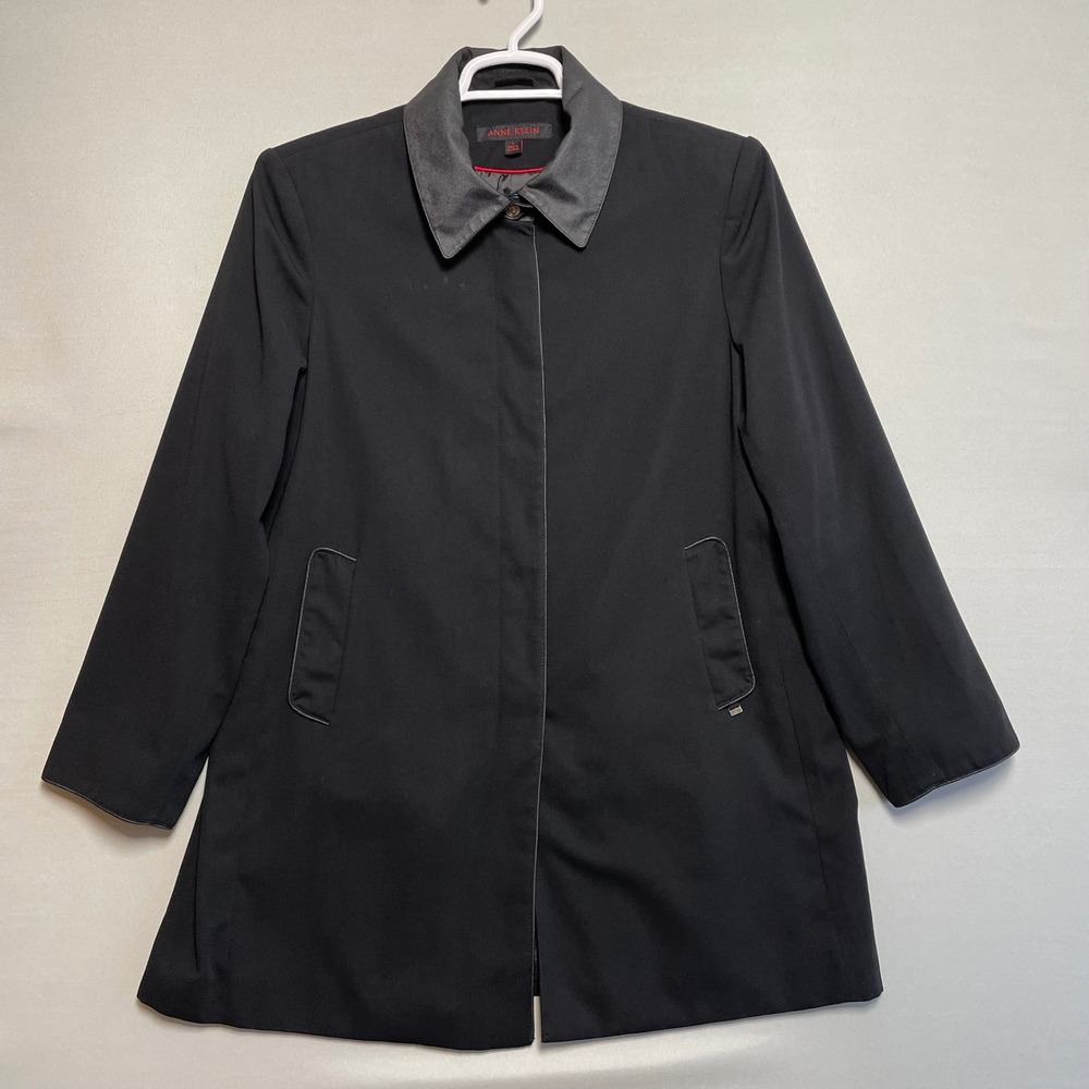 Anne Klein Black Faux Leather Collar‎ Trench Coat Jacket Womens Size L